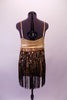 Gold and black flapper-style dress has gold swirl sequined base. The gold and black fringe skirt extends from a thick sequined band and gold belt with crystal heart belt buckle. Comes with a gold hair accessory. Back