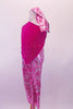 Pink and silver metallic swirl design Capri pants are accompanied by a fuchsia velvet top that has a halter neck, crystal accents and a front that comes to a point at the front torso top and bottom. Silver straps cross at the front neck and criss-cross at back for additional support. Side