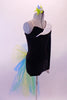 Black velvet top has one long sleeve and shoulder with a white crystallised shawl collar. The matching black velvet short has a blue-green and yellow tulle bustle bow. Comes with a hair accessory. Right side