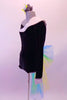 Black velvet top has one long sleeve and shoulder with a white crystallised shawl collar. The matching black velvet short has a blue-green and yellow tulle bustle bow. Comes with a hair accessory. Left side