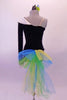 Black velvet top has one long sleeve and shoulder with a white crystallised shawl collar. The matching black velvet short has a blue-green and yellow tulle bustle bow. Comes with a hair accessory. Back