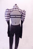 3-piece costume has a purple sequined bra (34B), with crystals, double back band & black ruffle. The black and white harlequin shrug has a mandarin collar and pouffe sleeve that is black from elbow down. There is a center strap that extends down the center of the torso to the waist of black leggings. Back