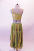 Bohemian inspired gold & olive dress has an asymmetric, single shoulder, gold hashed half-top covered in a cascade of blue-green & AB crystals. The front of the bra top extend down the torso slightly to the left & attached at the crystal-covered waistband. The asymmetric kerchief skirt is random panels of olive & gold. Back
