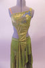 Bohemian inspired gold & olive dress has an asymmetric, single shoulder, gold hashed half-top covered in a cascade of blue-green & AB crystals. The front of the bra top extend down the torso slightly to the left & attached at the crystal-covered waistband. The asymmetric kerchief skirt is random panels of olive & gold. Front zoomed