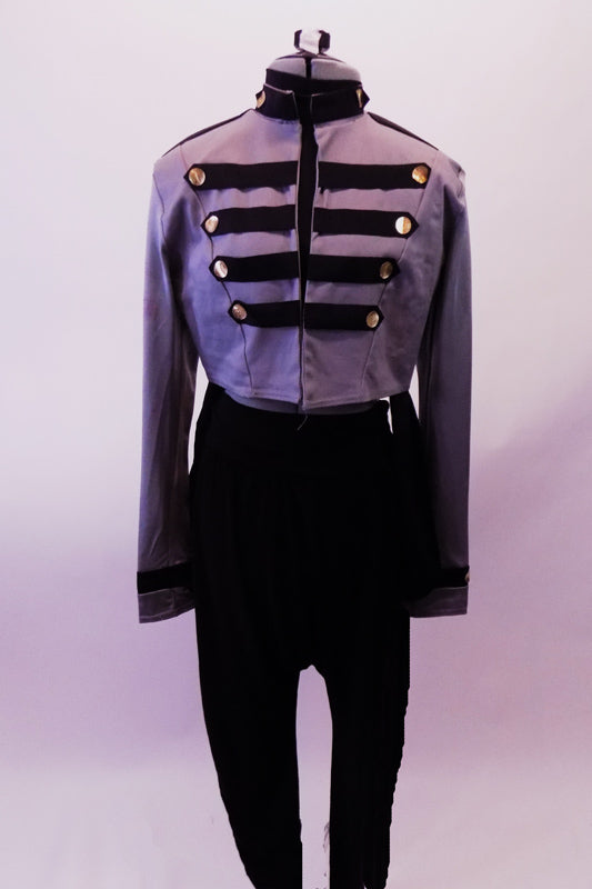 Michael Jackson inspired 2-Piece costume has a grey military jacket with faux gold button and black band design at neck, torso and cuffs. Comes with black drop-crotch harem pant. Front