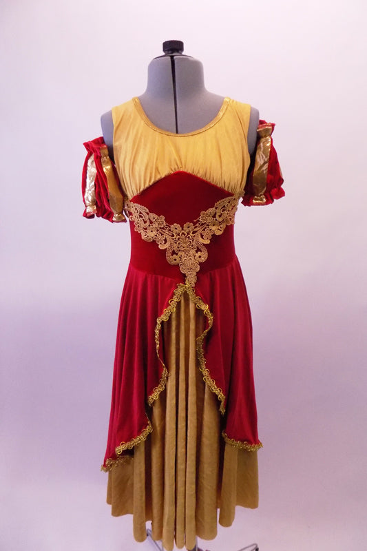 Gold and burgundy royal court dress has a gathered bust and gold lace brocade front with pouffe pull-on sleeves. The burgundy overlay opens at the front revealing the gold beneath edged in gold rope accent. Front