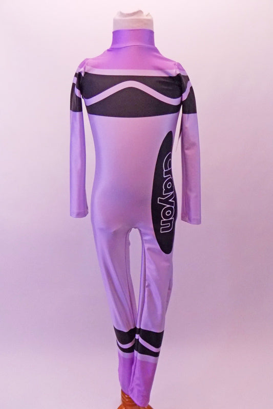 Purple high halter collared, long.-sleeved full unitard Has all the markings of a life sized-crayon. Front