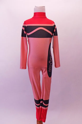 Red high halter collared long-sleeved full unitard has all the markings of a life sized-crayon. Front