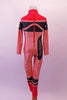 Red high halter collared long-sleeved full unitard has all the markings of a life sized-crayon. Back