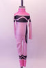 Pink high halter collared, long-sleeved full unitard Has all the markings of a life sized-crayon. Front