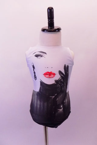 Boat-neck collar style leotard has a low open black and white face with an Audrey Hepburn flare. The black striped bottom accents the large black sketched eyes and gloved hand on the bright white top. The pop comes from the bright red lips. Front