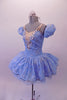 Cinderella-blue tutu dress has a sheer silver floral lace overlay. A wide iridescent sequined applique accents the V-insert nude front. The sweetheart bust had double v-straps that merge to a single adjustable strap at back. Comes with a crystal tiara. Side
