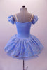 Cinderella-blue tutu dress has a sheer silver floral lace overlay. A wide iridescent sequined applique accents the V-insert nude front. The sweetheart bust had double v-straps that merge to a single adjustable strap at back. Comes with a crystal tiara. Back