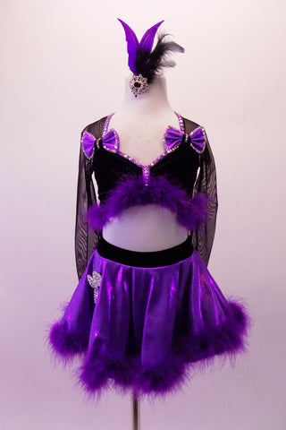 2-piece costume with black velvet half-top has bow accents & attached black sheer mesh shoulders, sleeves & triangle open back. It is trimmed with purple marabou feather & lined completely with crystals. The skirt iridescent short circle skirt is also trimmed with purple marabou feather trim & crystalled back bow. Front