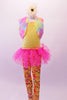 Full unitard has a yellow sequined bodice and colourful patterned legs. The bright pink attached tutu skirt with a large bow adds a bit of fun, while the pastel coloured fur vest completes the whimsy. Comes large daisy flower hair accessory and yellow sequined gauntlets. Front
