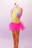 Full unitard has a yellow sequined bodice and colourful patterned legs. The bright pink attached tutu skirt with a large bow adds a bit of fun, while the pastel coloured fur vest completes the whimsy. Comes large daisy flower hair accessory and yellow sequined gauntlets. Side