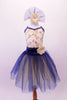 Pretty romantic tutu has a cream-based bodice with gold sequined lace overlay. The deep blue trim and cross straps match the long crystal blue and cream romantic tutu with wide cummerbund waistband. Comes with matching floral hair accessory. Front