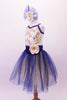 Pretty romantic tutu has a cream-based bodice with gold sequined lace overlay. The deep blue trim and cross straps match the long crystal blue and cream romantic tutu with wide cummerbund waistband. Comes with matching floral hair accessory. Side