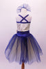 Pretty romantic tutu has a cream-based bodice with gold sequined lace overlay. The deep blue trim and cross straps match the long crystal blue and cream romantic tutu with wide cummerbund waistband. Comes with matching floral hair accessory. Back