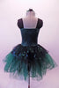 Dark green romantic tutu has a floral lace appliqued, peak style-overlay that compliment the silver green floral lace appliques at the upper bustline. The tulle skirt is deep forest & emerald green with matching dark green wide shoulder straps & sweetheart style sequined emerald green bodice. Comes with a hair flower. Back