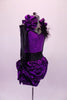 Unique costume has purple sequined bodice. The bodice has an attached gathered halter collar that matches the purple & black velvet damask print, pin-tuck skirt. The wide black crystalled waistband compliments the long black crystalled gloves. Black feathers accent the left shoulder & the matching hair accessory. Right side