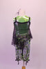 Metallic lime green tank is paired with silver black and green balloon capris. A large hole-mesh tunic-style tank rests over the top of the green tank. Comes with a hair accessory. Back