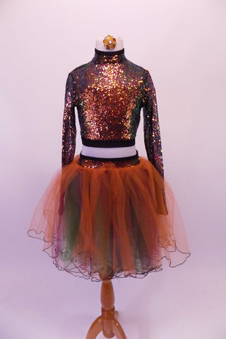 Two-piece costume has a bronze sequined long-sleeved top with a high neck, keyhole back and short torso. The matching skirt is layers of soft long tulle in shades of green plum and bronze with a bronze sequined waistband. Comes with a jewelled hair accessory. Front