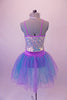 Beautiful romantic tutu dress has silver sequined camisole bodice with lilac piping, A blue and lilac crystal tulle skirt is attached at the waist by a lilac waistband with jeweled accents. Comes with a jewelled headband. Back