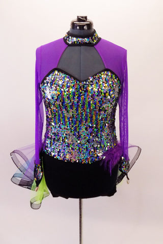 Bright colourful fully sequined costume has sheer mesh purple sleeves & shoulders attached to a sequined collar. The attached bustle skirt is layers of turquoise, lime &purple tulle with wide black stiffening band to create a wave effect. Comes with matching feathered Mardi-Gras mask that accents feathers at hip. Front