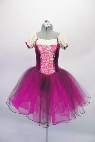 Magenta velvet tutu dress has pink lace centre and peasant-style blouse beneath lined with sequins. The layers of fuchsia and magenta tulle create a soft flowing skirt. Comes with lace butterfly hair accessory. Front
