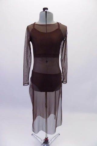 Three-piece brown contemporary costume is a bikini style brown half top and matching brief. The costume is completed by a calf-length brown, sheer mesh tunic cover dress with round neck and long sleeve. Front