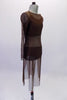 Three-piece brown contemporary costume is a bikini style brown half top and matching brief. The costume is completed by a calf-length brown, sheer mesh tunic cover dress with round neck and long sleeve. Side