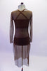 Three-piece brown contemporary costume is a bikini style brown half top and matching brief. The costume is completed by a calf-length brown, sheer mesh tunic cover dress with round neck and long sleeve. Back