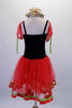 Red and black romantic ballet tutu dress, has a velvet bodice. The ribbon laced front has white rose accents. The red tulle pouffe cap sleeves are joined to the camisole straps. Red satin ribbon and green ricrac line the bottom edge of the skirt. Comes with matching miniature straw hat accessory. Back