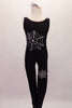 Black, spider-themed tank-style full unitard with U-back has silver glitter cobwebs at front back and legs. Comes with spider hair accessory. Front