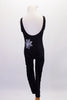 Black, spider-themed tank-style full unitard with U-back has silver glitter cobwebs at front back and legs. Comes with spider hair accessory. Back