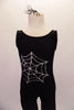 Black, spider-themed tank-style full unitard with U-back has silver glitter cobwebs at front back and legs. Comes with spider hair accessory. Front zoomed