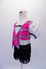 Bright pink tartan print half-top has white eyelet pouffe sleeves and white sequined centre accented with black ruffle. The accompanying booty short is fully fringed with crystal accents along the hip.  Comes with fringed black sequined pull-on boots/socks with elastic reinforced bottom. Side