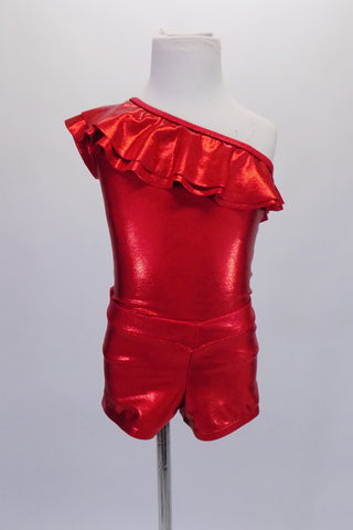Bright red metallic leotard has a single shoulder with double ruffle along the top for a pretty effect. The leotard comes with matching booty shorts that have a drop-peak waist. Front