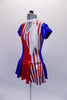 American flag-themed dress has peek-a-boo front and large keyhole back. The torso and skirt are vertical sections of blue red and red-white stipes with cap sleeves and a white sheer attached neck scarf accent. The costume has red crystals along front, sleeves and back. Comes with a hair accessory. Left side