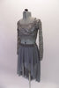 Grey camisole half-top sits beneath a grey sequined lace, long-sleeved half cover. The matching grey sheer mesh high-low skirt completes the look. Though simple and sparkly, the costume has a forlorn style. Comes with a hair accessory. Side