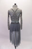 Grey camisole half-top sits beneath a grey sequined lace, long-sleeved half cover. The matching grey sheer mesh high-low skirt completes the look. Though simple and sparkly, the costume has a forlorn style. Comes with a hair accessory. Back