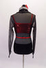 Sheer black, cross front, mesh long-sleeved leotard has a solid bottom and collar with crystals. A red camisole half top sits beneath the leotard for a colour pop. Comes with red crystal accent belt and hair accessory. Back