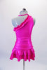 Bright fuchsia one shoulder leotard with a ruffled neckline is accompanied by a double layer ruffled skirt and matching shorts. Comes with a pull-on belt with crystal buckle accent and matching headband. Back
