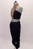 Two-piece costume has black lycra, Capri length, drawstring pants that gather up the sides. The pants are accompanied by a high collared, racer-back style crop top. The top has a front and back centre with animal print, zipper front and open shoulders. Side