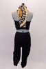 Two-piece costume has black lycra, Capri length, drawstring pants that gather up the sides. The pants are accompanied by a high collared, racer-back style crop top. The top has a front and back centre with animal print, zipper front and open shoulders. Back