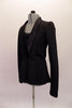 Thicker stretch blazer coat with princess seams and satin lapels, shoulder pads and jewelled button closure. It is accompanied by a sequined black haft top that sits beneath the blazer. Can be worn with either pants or shorts. Side