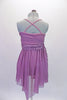 Pretty pale mauve purple, camisole dress has ribbon rose bodice and sash with cross back. The flowing skirt has a lovely subtle shimmer and cascades in the back. Comes with a rose hair accessory. Back