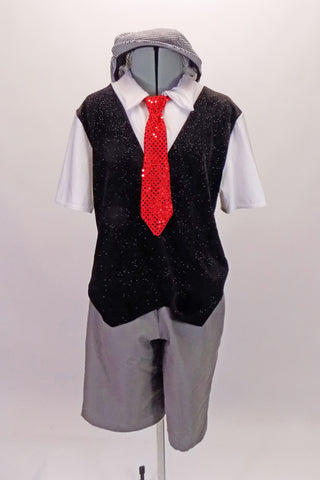Newsboy themed costume is a black glitter vest and a white collared shirt with a red sequined tie. The top is actually an attached unit which pulls overhead as a single unit. This top is combined with grey knee-length shorts and a fine herringbone newsboy cap. Front