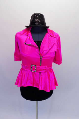 This three-piece costume has a black sequined half top paired with black briefs, which sit beneath a bright pink peplumed jacket with wide lapels, zip front and belt. The buckle is jewelled and the jacket is scattered with crystals. Comes with a black sequined fedora hat. Front